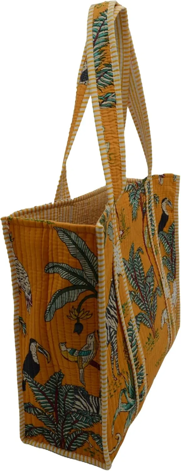 Quilted Large Cotton Fabric Tote Bag Travel Grocery Shopping Weekend Trips with Inside Pocket -Tropical Safari