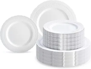 " OCCASIONS " 240 Plates Pack,(120 Guests) Extra Heavyweight Vintage Wedding Disposable/Reusable Plastic Plates 120x11'' Dinner   120x8.25'' Salad/Dessert Plate (Chateau White)