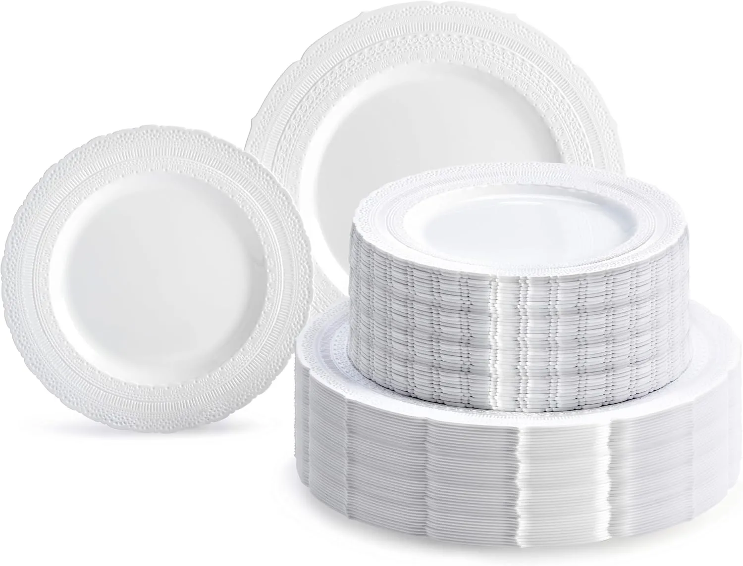 " OCCASIONS " 240 Plates Pack,(120 Guests) Extra Heavyweight Vintage Wedding Disposable/Reusable Plastic Plates 120x11'' Dinner   120x8.25'' Salad/Dessert Plate (Chateau White)