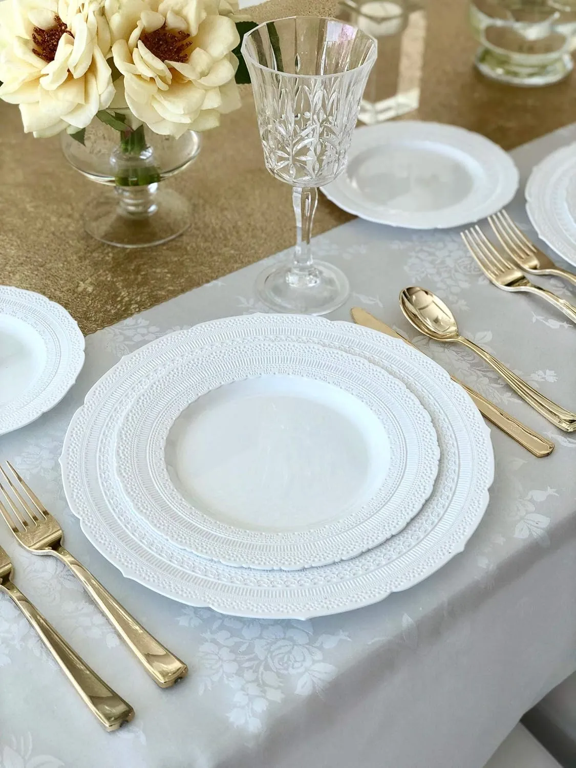 " OCCASIONS " 240 Plates Pack,(120 Guests) Extra Heavyweight Vintage Wedding Disposable/Reusable Plastic Plates 120x11'' Dinner   120x8.25'' Salad/Dessert Plate (Chateau White)