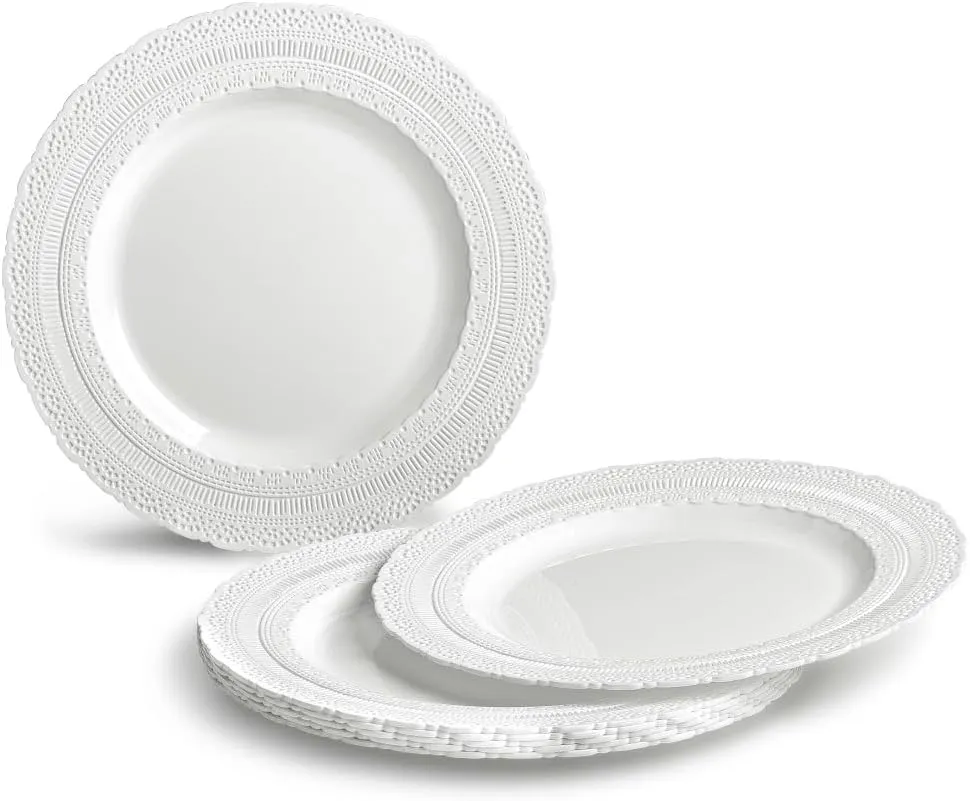 " OCCASIONS " 50 Plates Pack (25 Guests)-Extra Heavyweight Vintage Wedding Disposable/Reusable Plastic Plates -25x11'' Dinner   25x8.25'' Salad/Dessert (Chateau Collection White)