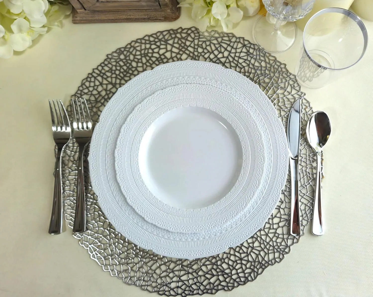 " OCCASIONS " 50 Plates Pack (25 Guests)-Extra Heavyweight Vintage Wedding Disposable/Reusable Plastic Plates -25x11'' Dinner   25x8.25'' Salad/Dessert (Chateau Collection White)