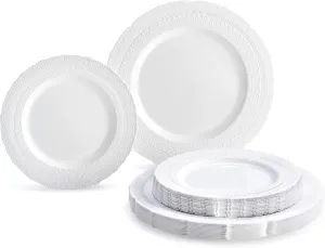 " OCCASIONS " 50 Plates Pack (25 Guests)-Extra Heavyweight Vintage Wedding Disposable/Reusable Plastic Plates -25x11'' Dinner   25x8.25'' Salad/Dessert (Chateau Collection White)