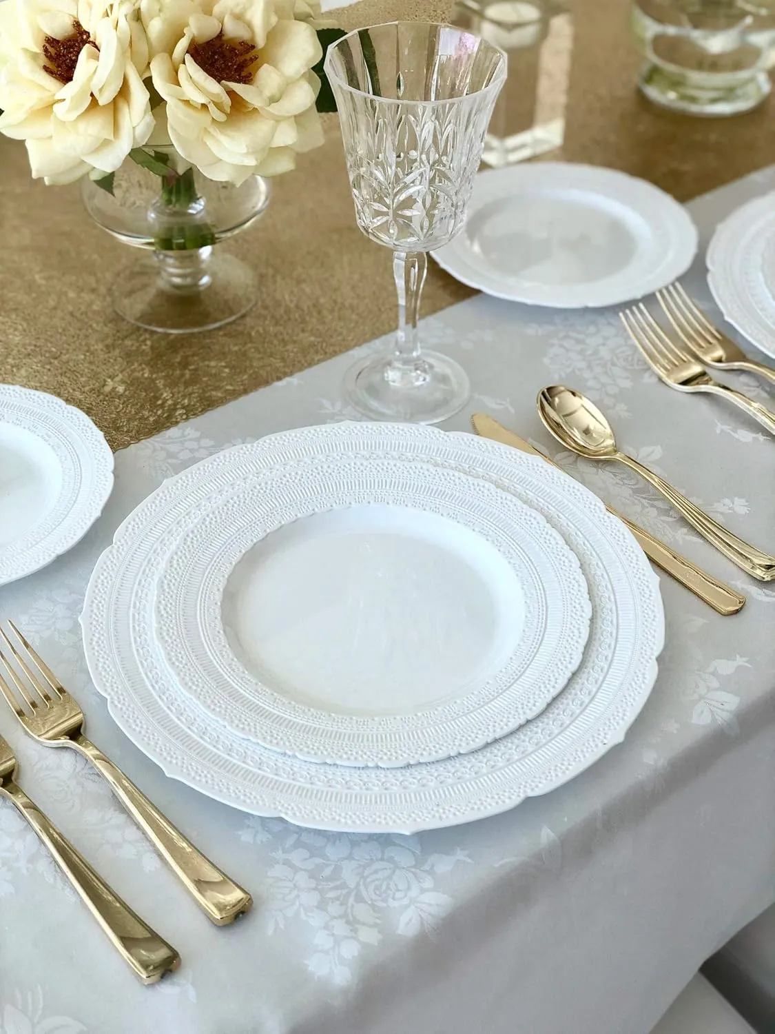 " OCCASIONS " 50 Plates Pack (25 Guests)-Extra Heavyweight Vintage Wedding Disposable/Reusable Plastic Plates -25x11'' Dinner   25x8.25'' Salad/Dessert (Chateau Collection White)