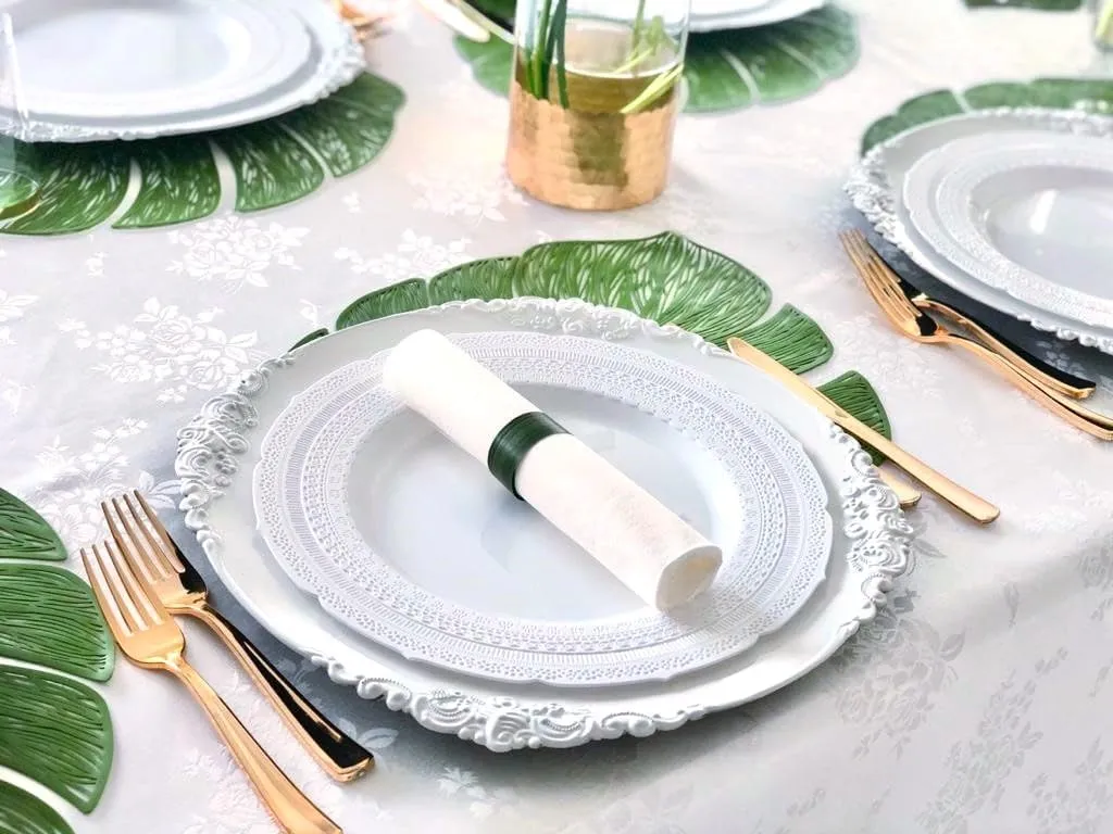 " OCCASIONS " 50 Plates Pack (25 Guests)-Extra Heavyweight Vintage Wedding Disposable/Reusable Plastic Plates -25x11'' Dinner   25x8.25'' Salad/Dessert (Chateau Collection White)