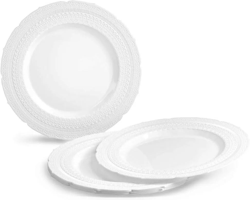 " OCCASIONS " 50 Plates Pack (25 Guests)-Extra Heavyweight Vintage Wedding Disposable/Reusable Plastic Plates -25x11'' Dinner   25x8.25'' Salad/Dessert (Chateau Collection White)