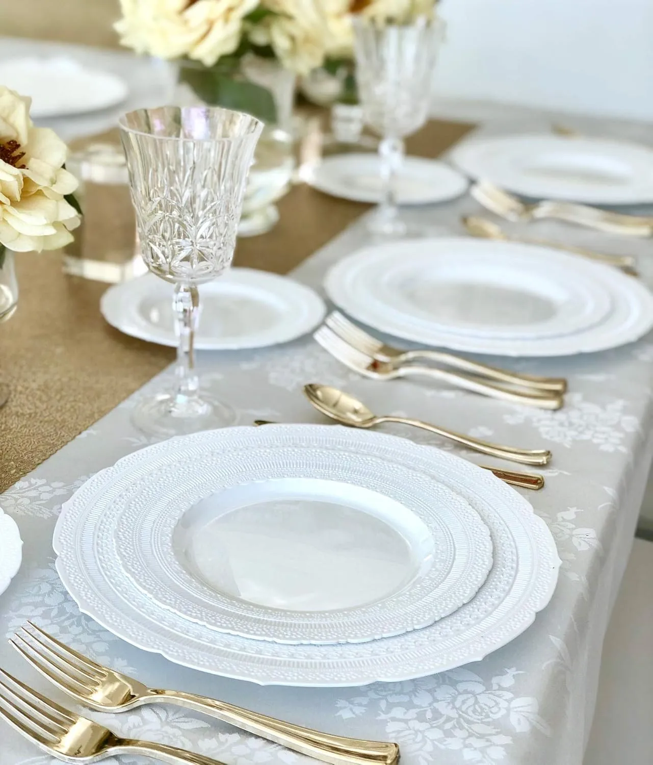 " OCCASIONS " 50 Plates Pack (25 Guests)-Extra Heavyweight Vintage Wedding Disposable/Reusable Plastic Plates -25x11'' Dinner   25x8.25'' Salad/Dessert (Chateau Collection White)