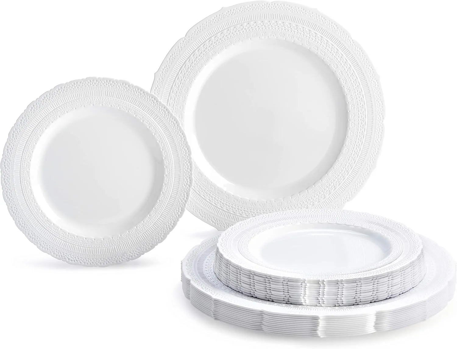 " OCCASIONS " 50 Plates Pack (25 Guests)-Extra Heavyweight Vintage Wedding Disposable/Reusable Plastic Plates -25x11'' Dinner   25x8.25'' Salad/Dessert (Chateau Collection White)