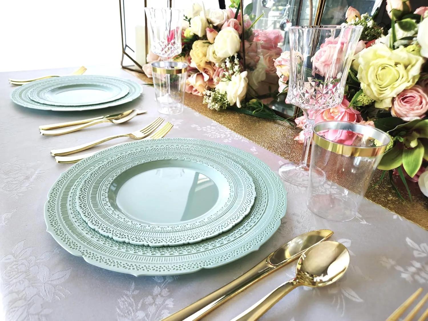 " OCCASIONS " 50 Plates Pack (25 Guests)-Extra Heavyweight Vintage Wedding Disposable/Reusable Plastic Plates -25x11'' Dinner   25x8.25'' Salad/dessert (Chateau Mint)