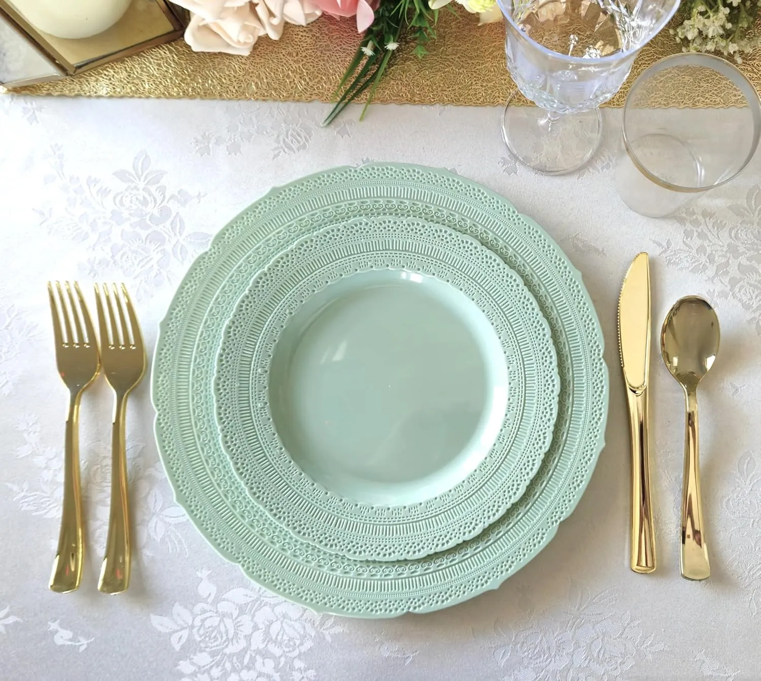 " OCCASIONS " 50 Plates Pack (25 Guests)-Extra Heavyweight Vintage Wedding Disposable/Reusable Plastic Plates -25x11'' Dinner   25x8.25'' Salad/dessert (Chateau Mint)