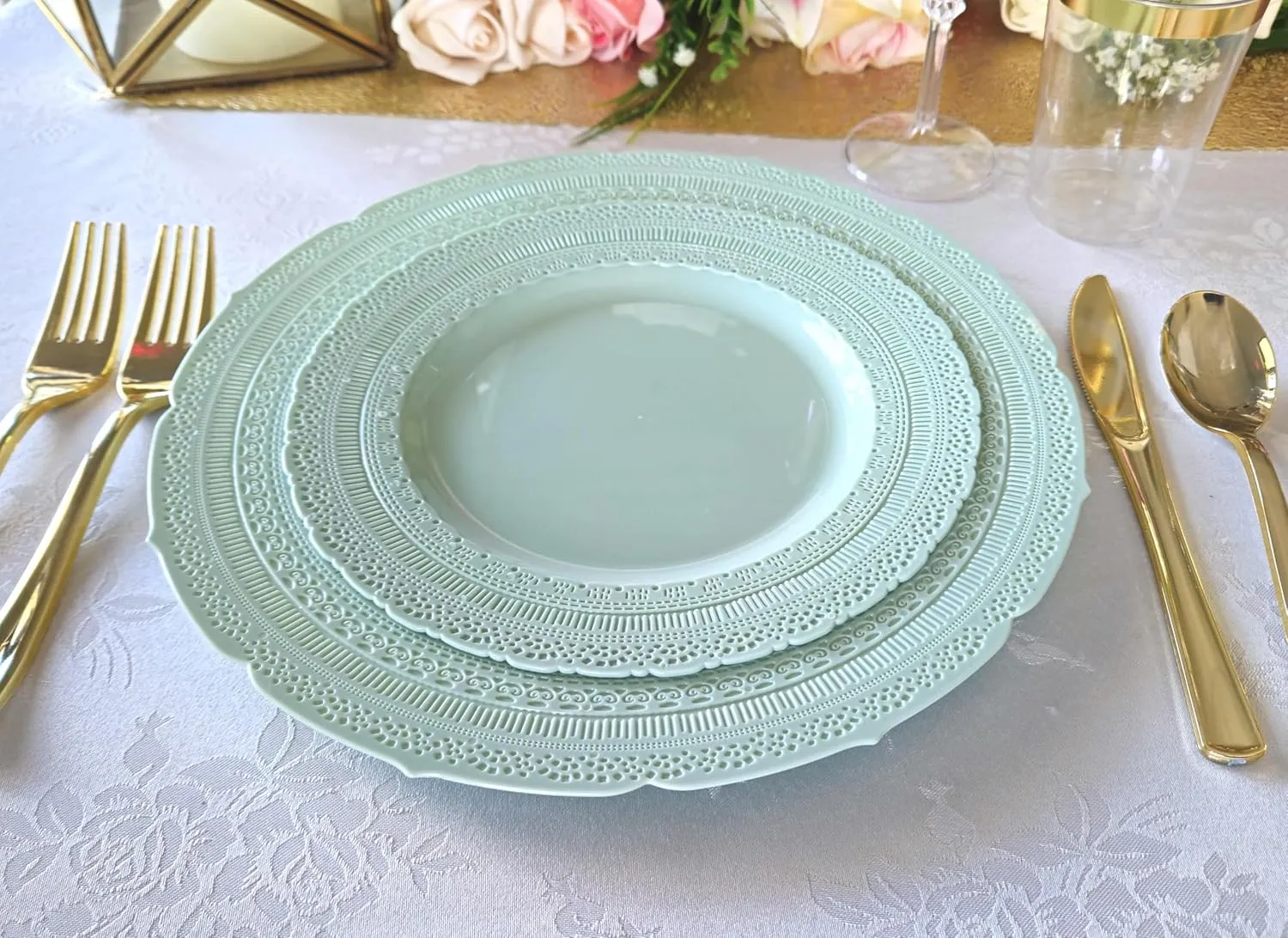 " OCCASIONS " 50 Plates Pack (25 Guests)-Extra Heavyweight Vintage Wedding Disposable/Reusable Plastic Plates -25x11'' Dinner   25x8.25'' Salad/dessert (Chateau Mint)