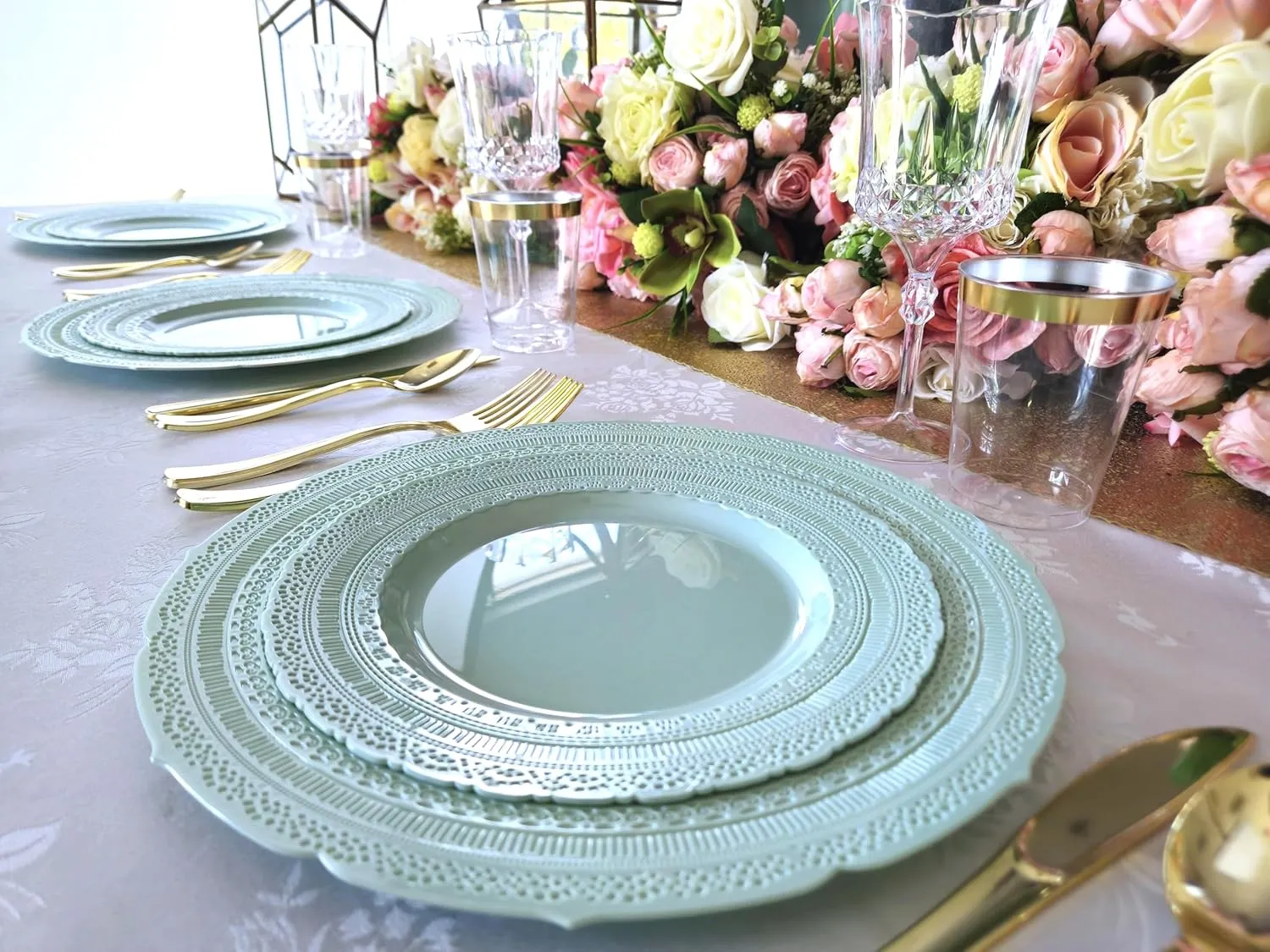" OCCASIONS " 50 Plates Pack (25 Guests)-Extra Heavyweight Vintage Wedding Disposable/Reusable Plastic Plates -25x11'' Dinner   25x8.25'' Salad/dessert (Chateau Mint)