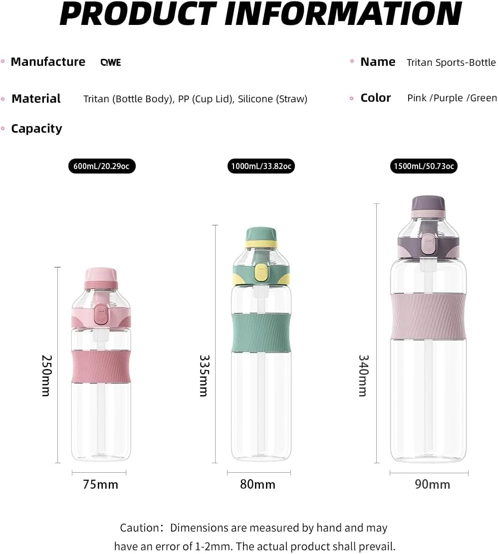 QWE Sports Water Bottle Large Capacity with Carry Handle,double drinking,high-capacity,1500ml/50oz,Heat-resisting,Reusable,tritan BPA Free,Perfect for Travel, School, Outdoors, Cycling and Gym (Green)