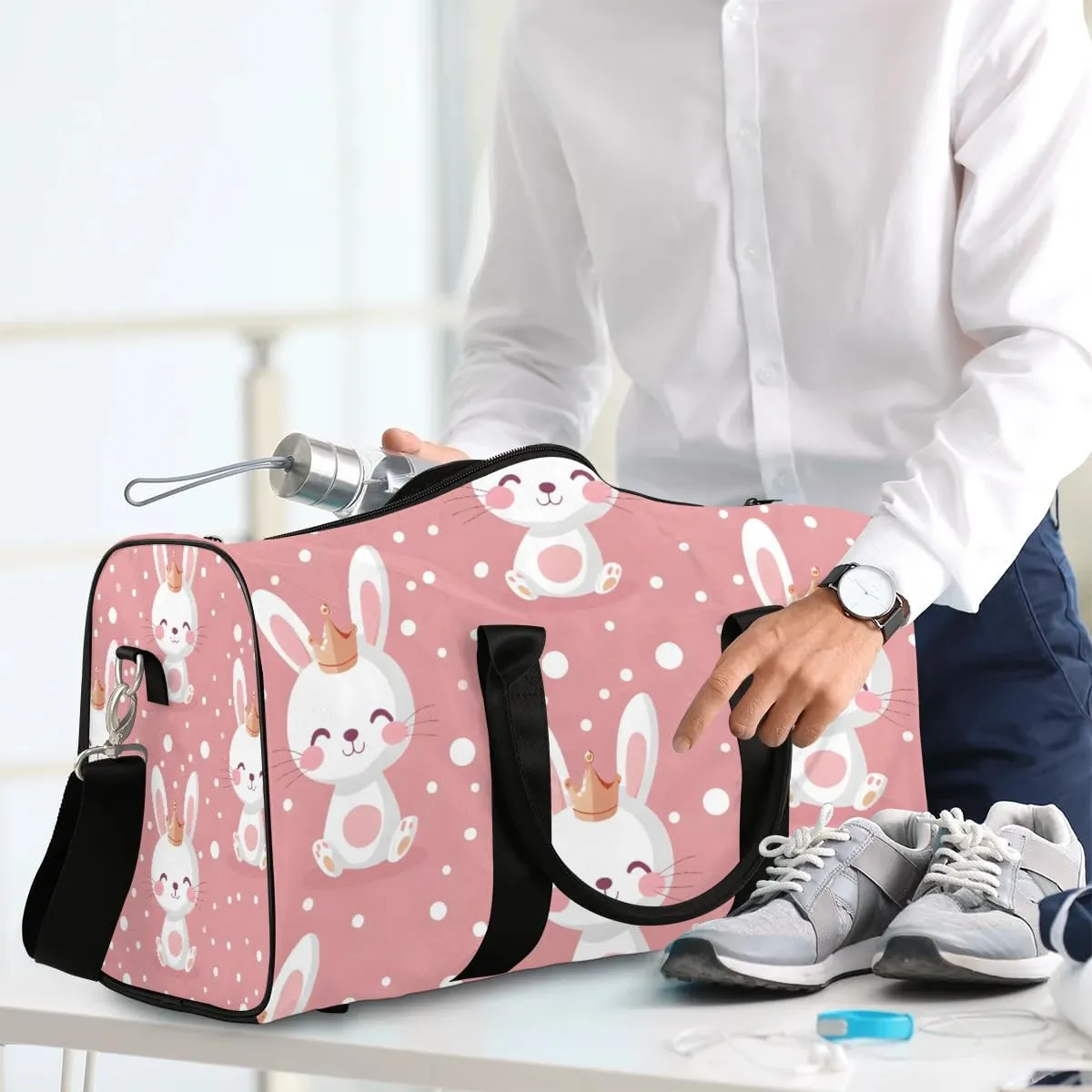 Rabbit Travel Duffel Bag for Women Men Cute Bunny Waterproof Foldable Overnight Weekender Bag Large Capacity Sports Gym Bag