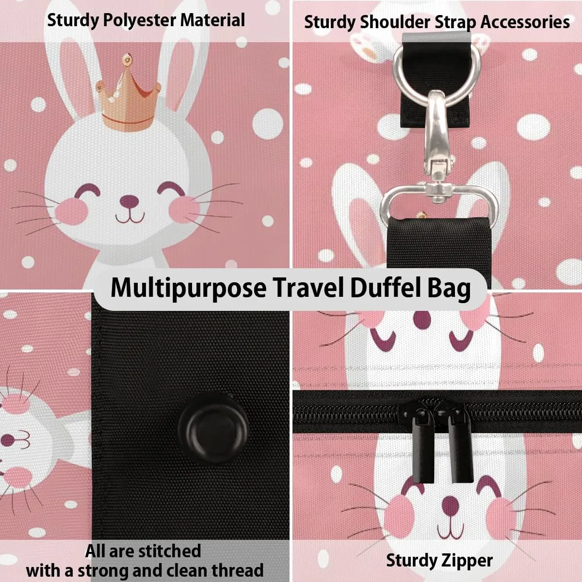 Rabbit Travel Duffel Bag for Women Men Cute Bunny Waterproof Foldable Overnight Weekender Bag Large Capacity Sports Gym Bag