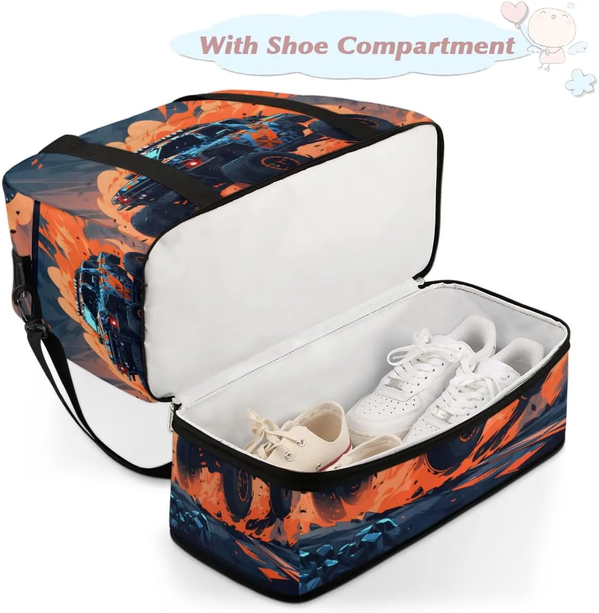 Racing Cars Foldable Travel Duffel Bag Overnight Weekender Bag with Shoes Compartment Sports Gym Bag for Men Women
