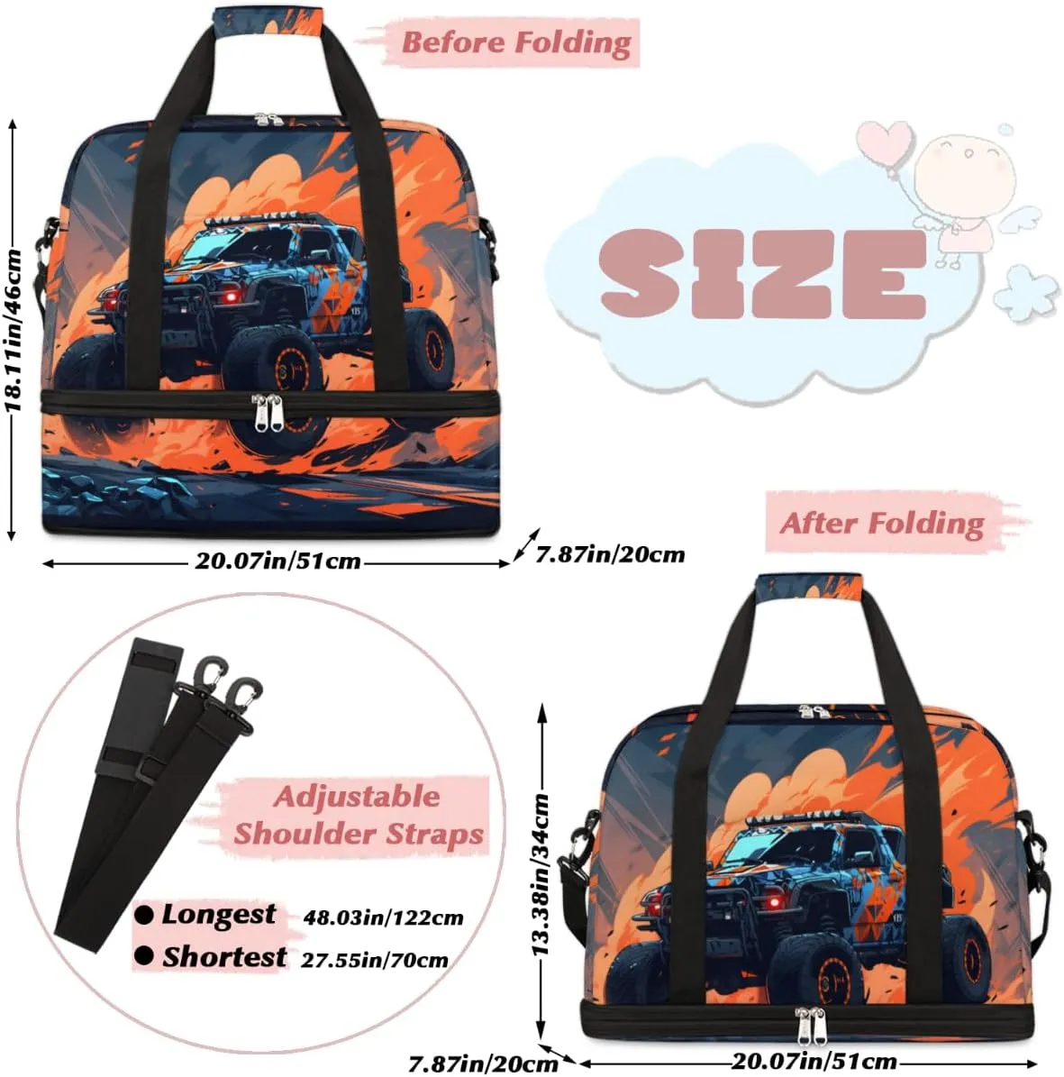 Racing Cars Foldable Travel Duffel Bag Overnight Weekender Bag with Shoes Compartment Sports Gym Bag for Men Women