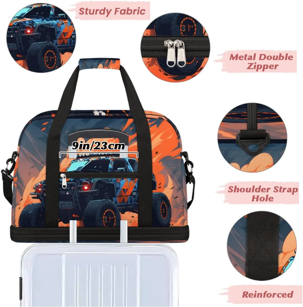Racing Cars Foldable Travel Duffel Bag Overnight Weekender Bag with Shoes Compartment Sports Gym Bag for Men Women
