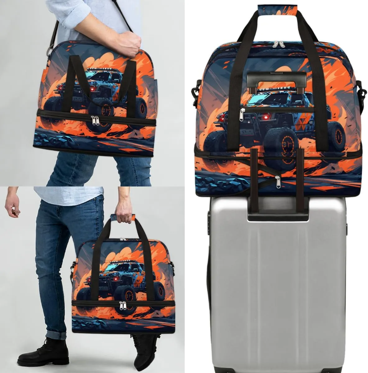 Racing Cars Foldable Travel Duffel Bag Overnight Weekender Bag with Shoes Compartment Sports Gym Bag for Men Women