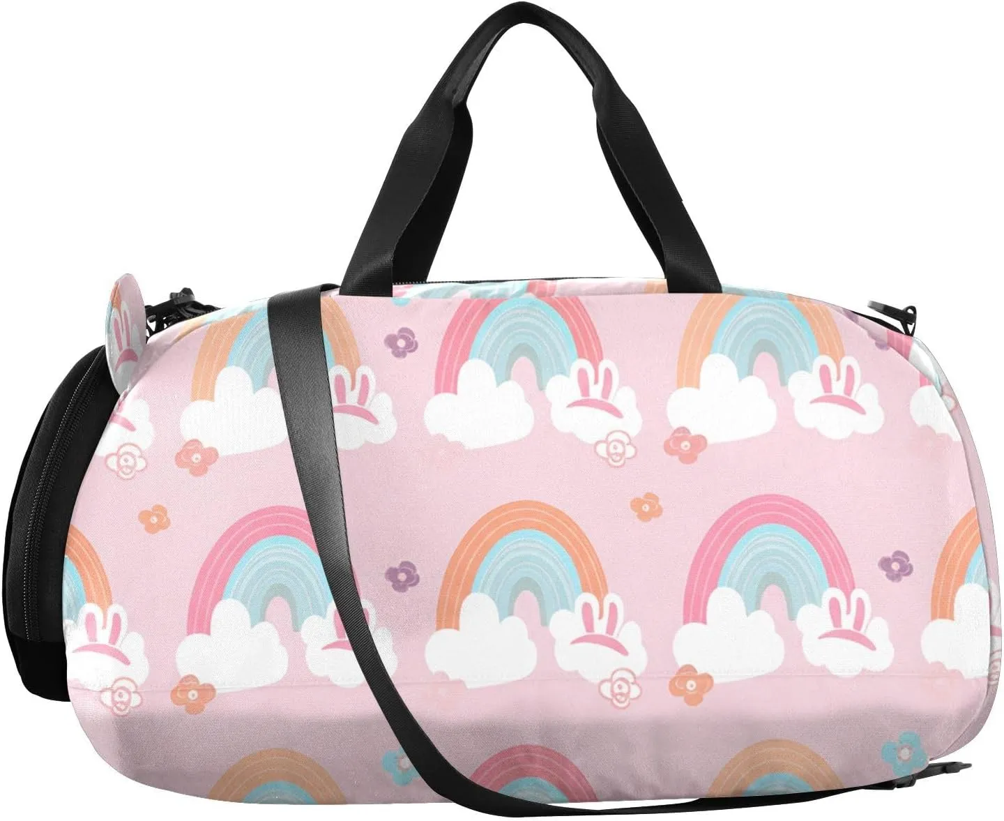 Rainbows Bunny Ears Kids Overnight Duffle Bag,Gymnastics Sports Dance Bag with Shoe Compartment & Wet Pocket, Travel Weekender Tote for Boys & Girls