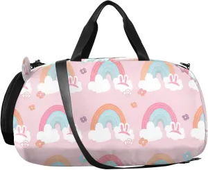 Rainbows Bunny Ears Kids Overnight Duffle Bag,Gymnastics Sports Dance Bag with Shoe Compartment & Wet Pocket, Travel Weekender Tote for Boys & Girls