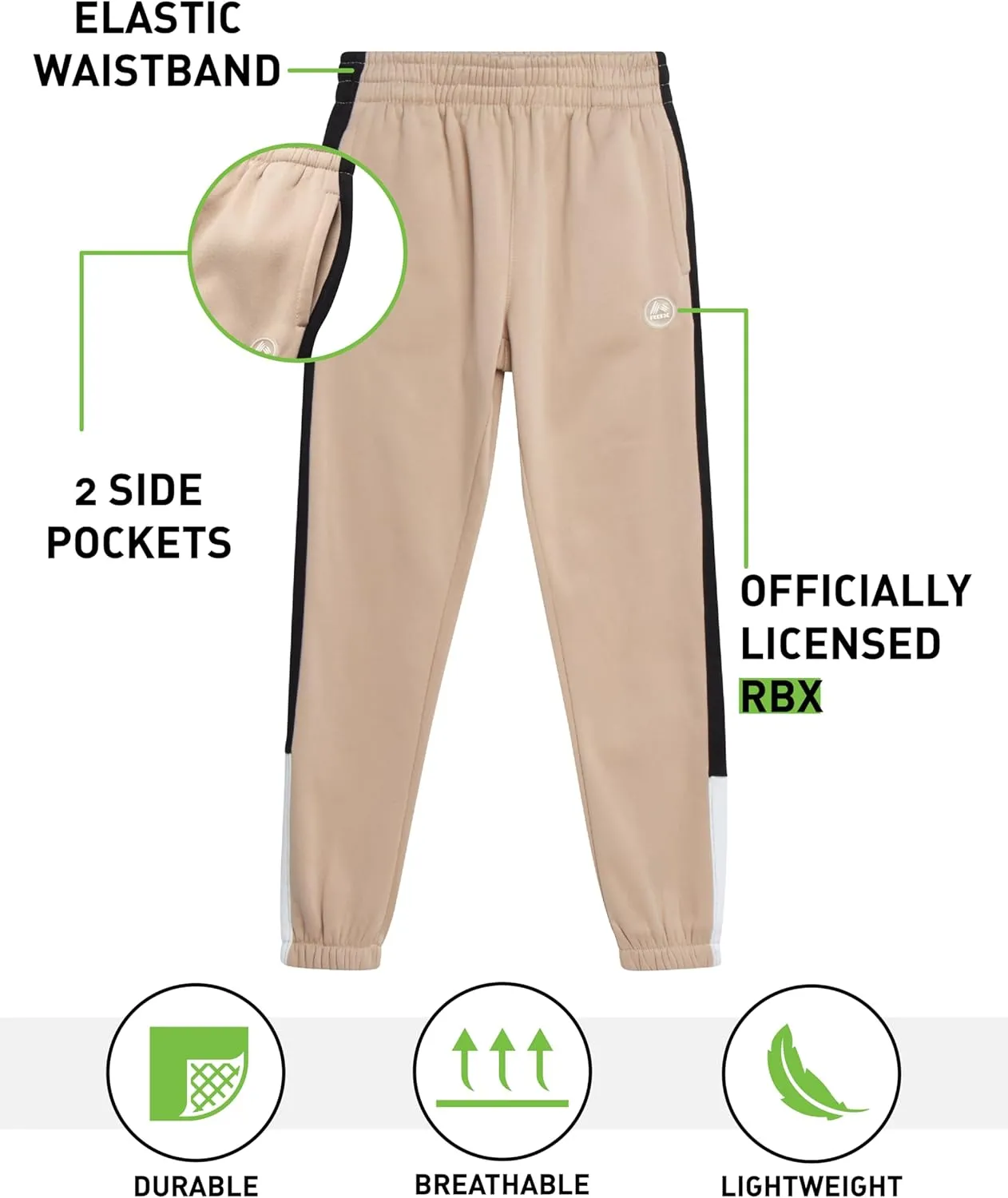 RBX Boys Sweatpants - 2 Pack Soft Fleece Joggers, Athletic Performance Track Pants for Boys with Elastic Waistband (8-16)
