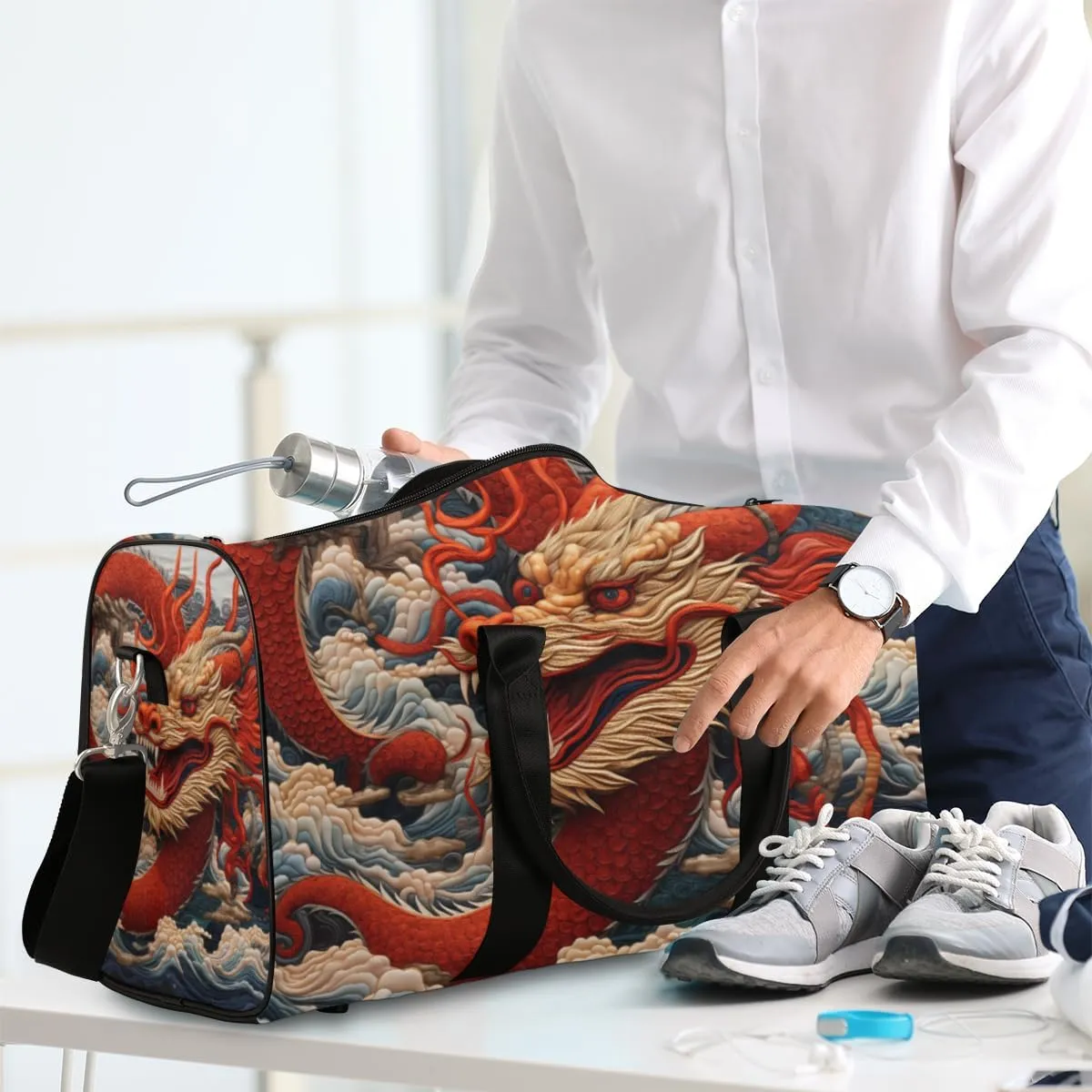 Red Dragon Travel Duffle Bag for Women Men Gym Duffel Foldable Bag Waterproof Weekender Japanese Animals Duffle Tote