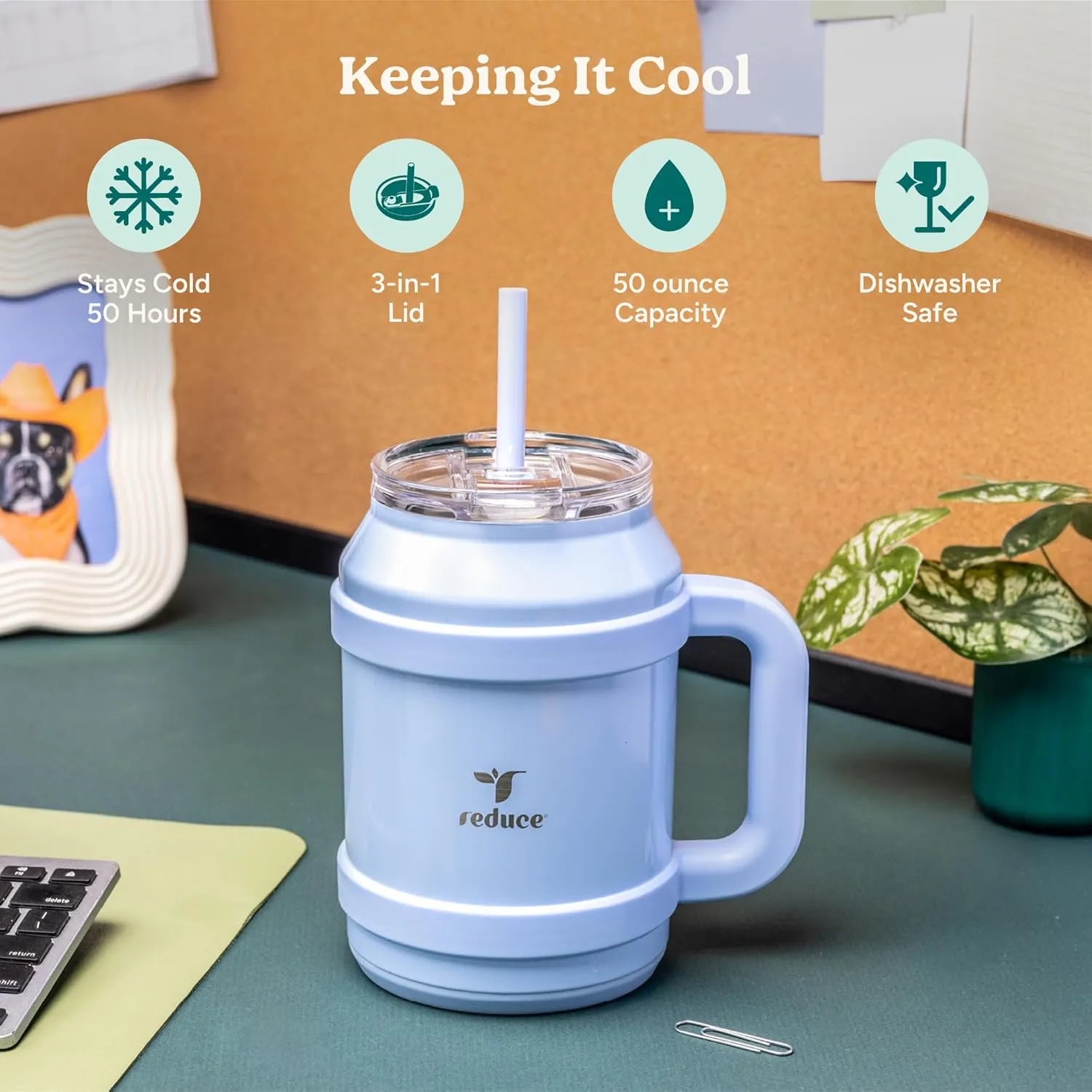 Reduce Reusable 50 oz Cold1 Water Tumbler – Ergonomic Handle – Double-Wall Insulation – Sturdy Desktop/Tabletop Mug with Lid and Straw – BPA-Free – Stainless Steel for Gym, Home, or Office– Phantom