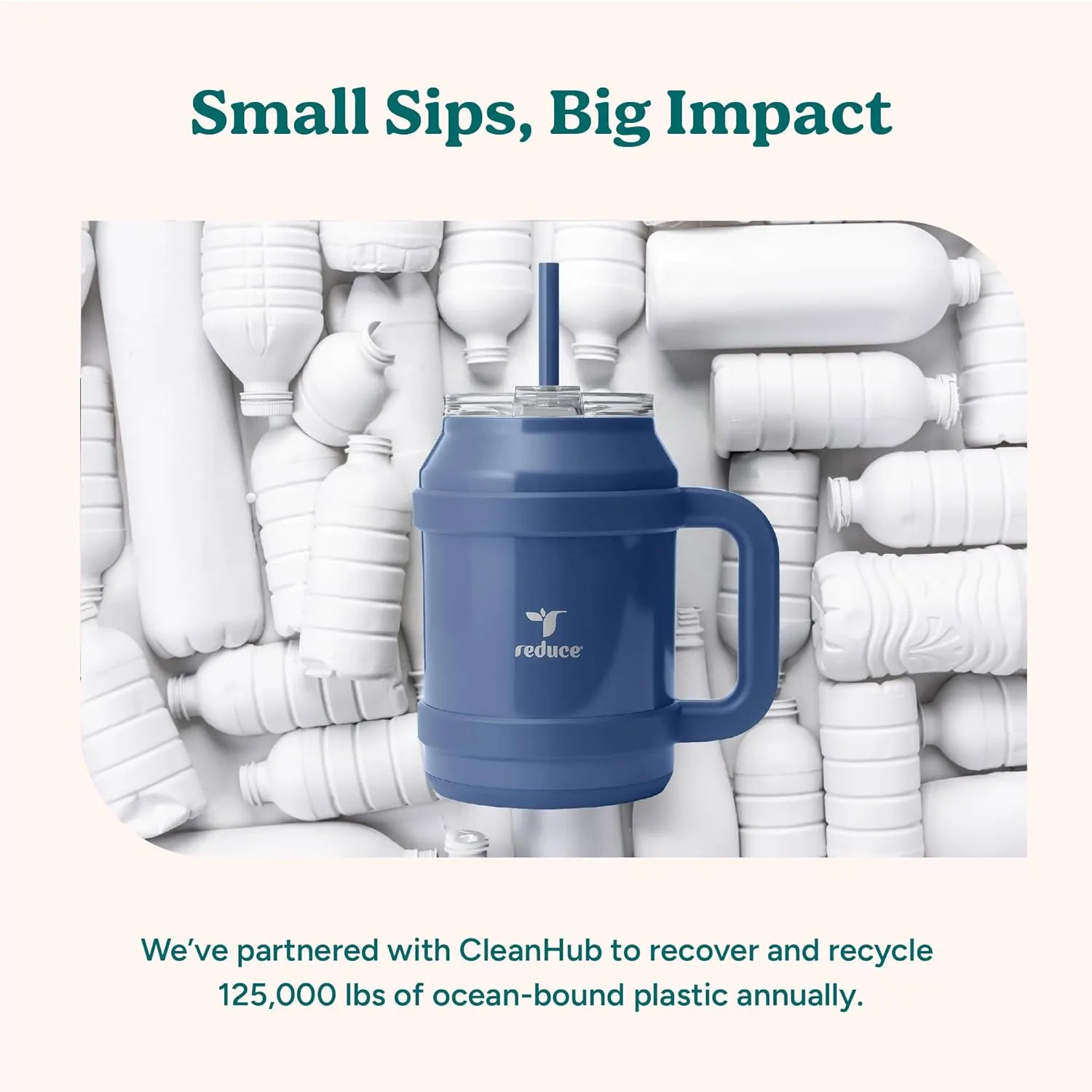 Reduce Reusable 50 oz Cold1 Water Tumbler – Ergonomic Handle – Double-Wall Insulation – Sturdy Desktop/Tabletop Mug with Lid and Straw – BPA-Free – Stainless Steel for Gym, Home, or Office– Phantom