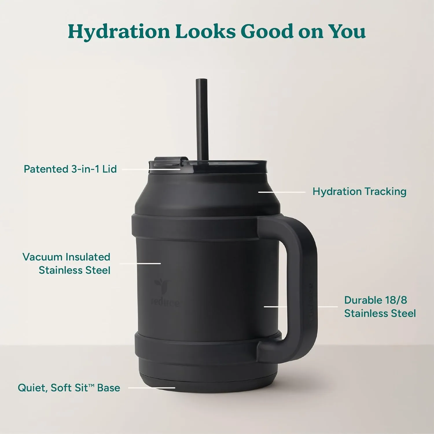 Reduce Reusable 50 oz Cold1 Water Tumbler – Ergonomic Handle – Double-Wall Insulation – Sturdy Desktop/Tabletop Mug with Lid and Straw – BPA-Free – Stainless Steel for Gym, Home, or Office– Phantom