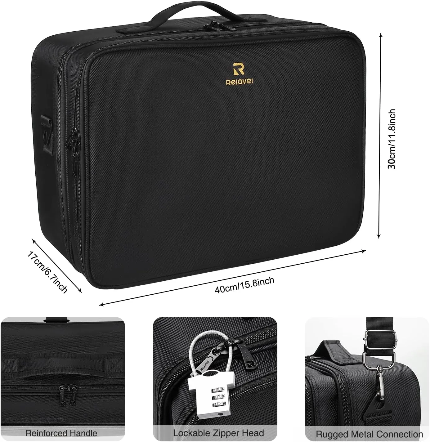 Relavel Makeup Case Extra Large Makeup Bag for Women Travel Makeup Artist Box Nail Polish Cosmetic Brush Storage Organizer with Adjustable Plastic Dividers Black