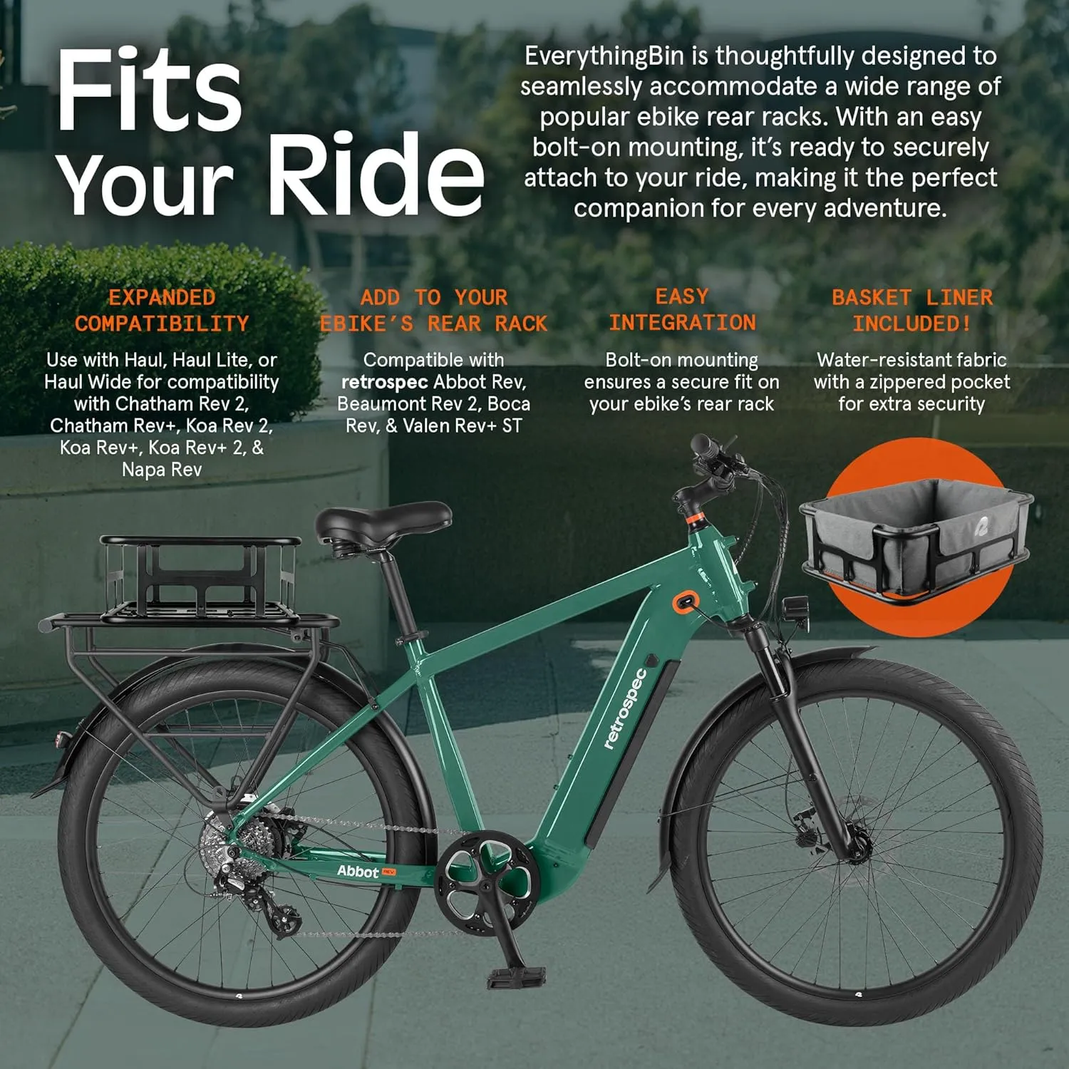Retrospec EverythingBin Heavy-Duty Steel eBike Rear Basket with Water-Resistant Liner - Large Capacity Cargo Carrier for Electric Bikes (13x18x5.7)