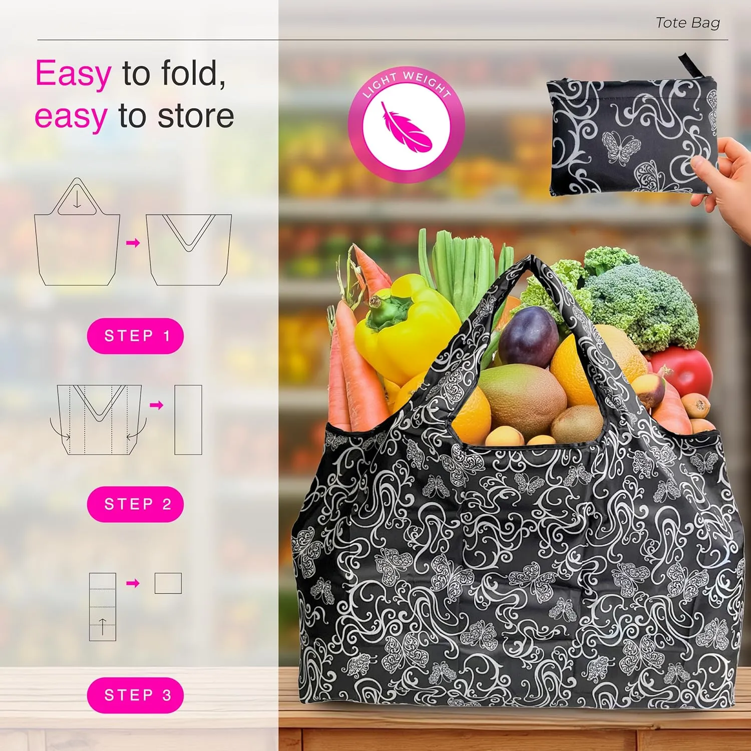 Reusable Grocery Shopping Bags with Handles – Foldable Tote Bags for Groceries