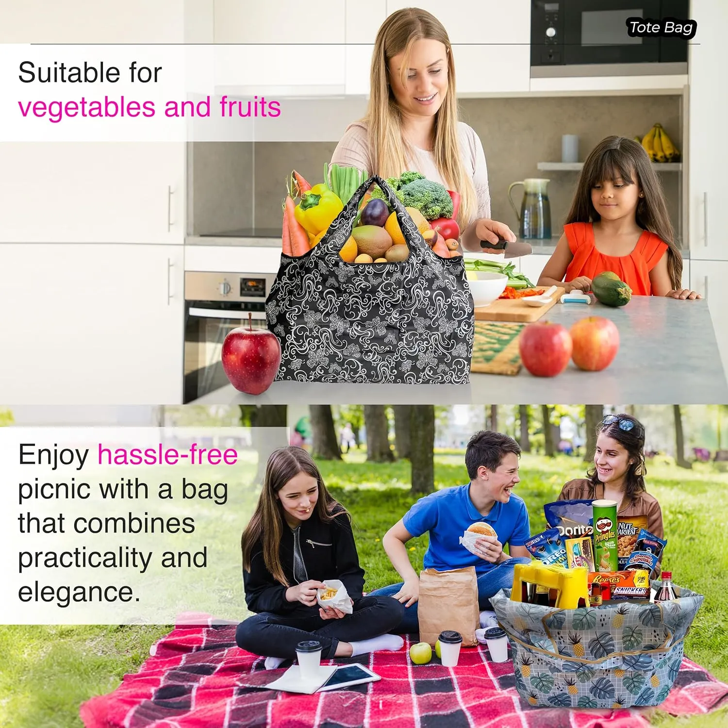 Reusable Grocery Shopping Bags with Handles – Foldable Tote Bags for Groceries