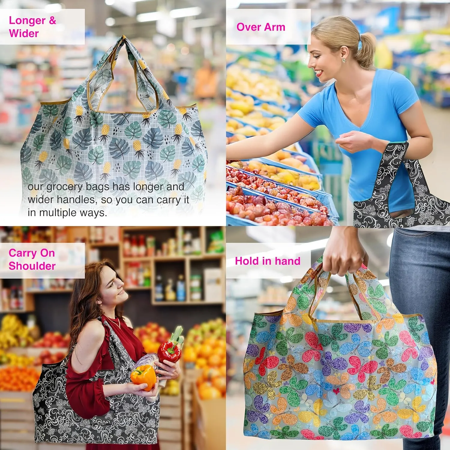 Reusable Grocery Shopping Bags with Handles – Foldable Tote Bags for Groceries