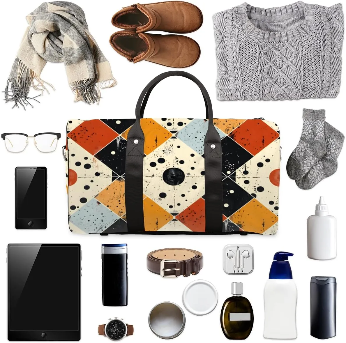 Rhombus Pattern Travel Duffle Bag for Women Men Gym Duffel Foldable Bag Waterproof Weekender Vintage Aztec Duffle Tote
