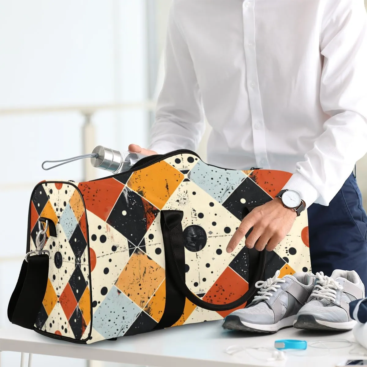 Rhombus Pattern Travel Duffle Bag for Women Men Gym Duffel Foldable Bag Waterproof Weekender Vintage Aztec Duffle Tote