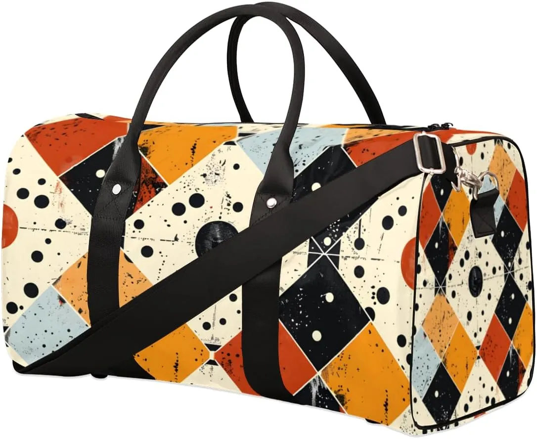 Rhombus Pattern Travel Duffle Bag for Women Men Gym Duffel Foldable Bag Waterproof Weekender Vintage Aztec Duffle Tote