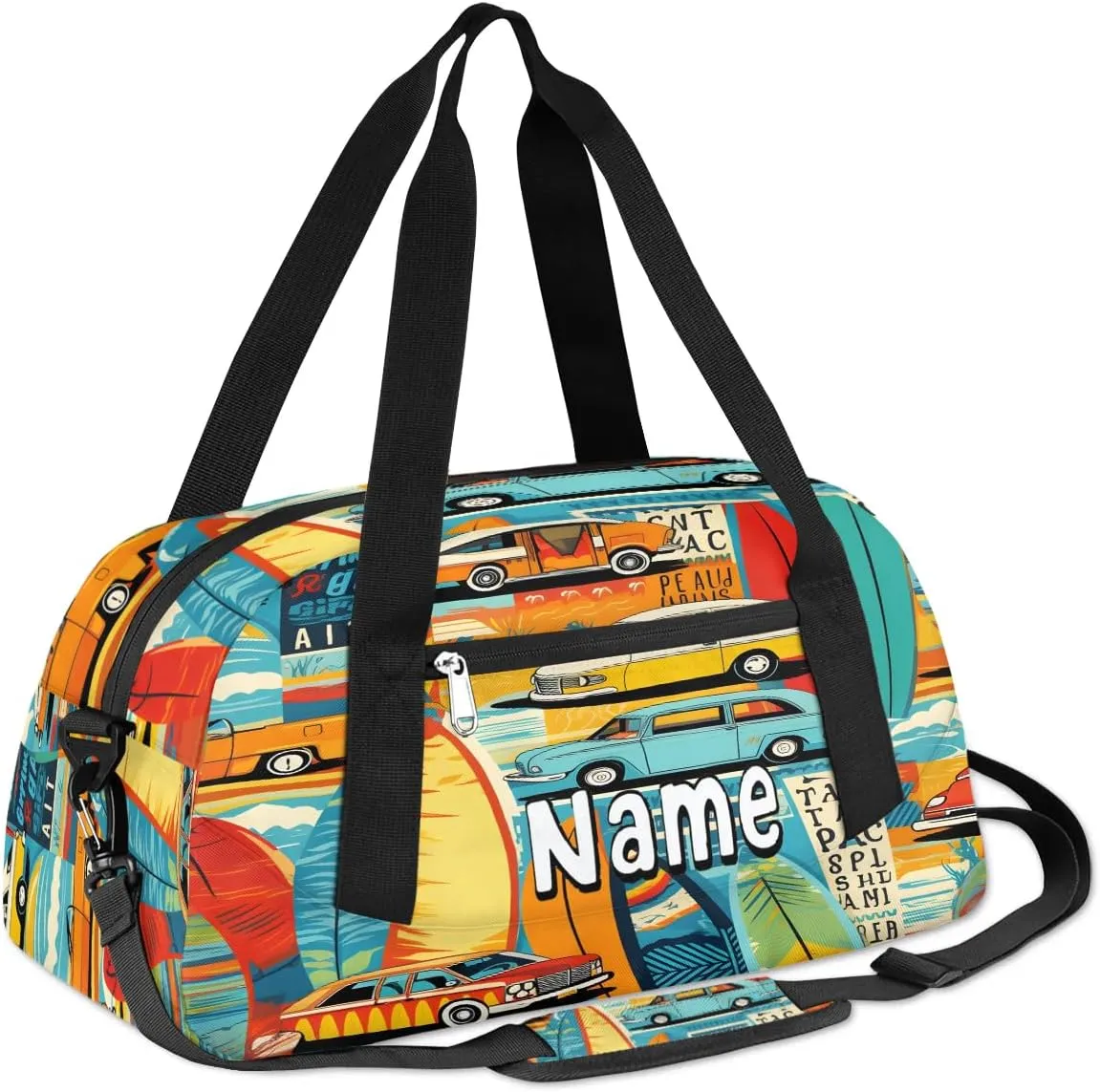 Road Tour Personalized Kids Duffle Custom Duffel Bag for Little Girls Boys Overnight Bag Mini Gym Duffle Bag 18.5 Inch Retro Car Tour Weekender Bag for Kids Travel Sport Duffle Bag