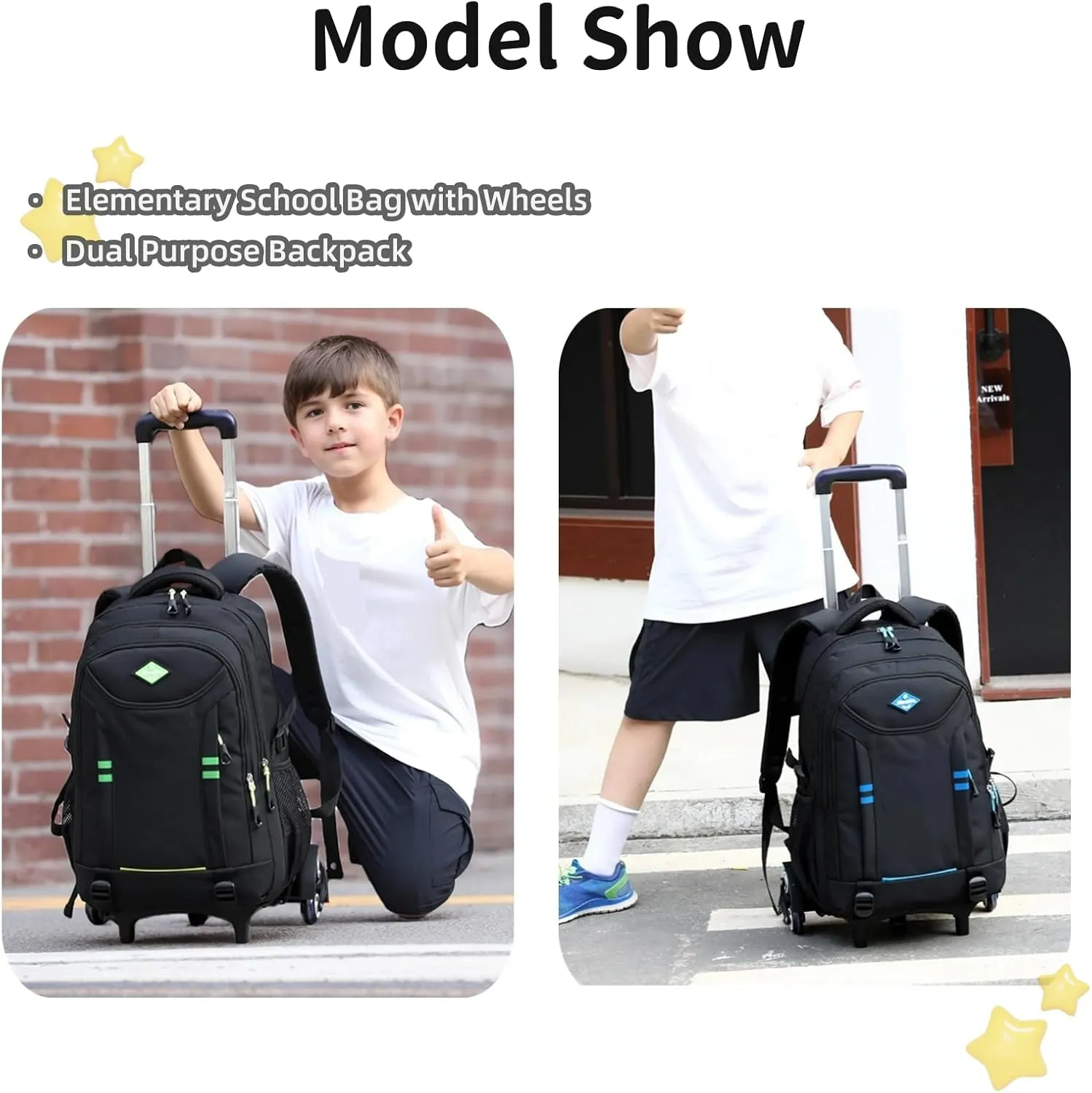 Rolling Backpack for Boys Elementary School Bag with Wheels Travel Trolley Bag 2 wheels and 6 wheels