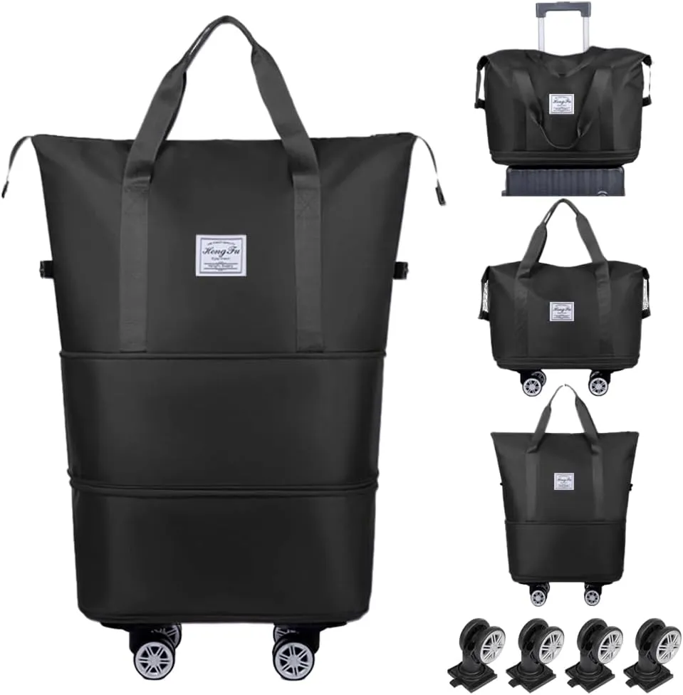 Rolling Duffle Bag with Wheels Foldable Travel Duffle Bags Expandable Carry on Luggage Bag with Detachable Wheels Large Weekender Overnight Bag (Black)