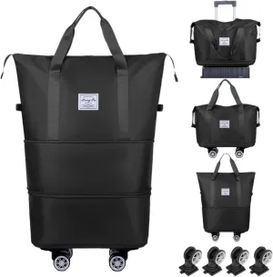 Rolling Duffle Bag with Wheels Foldable Travel Duffle Bags Expandable Carry on Luggage Bag with Detachable Wheels Large Weekender Overnight Bag (Black)