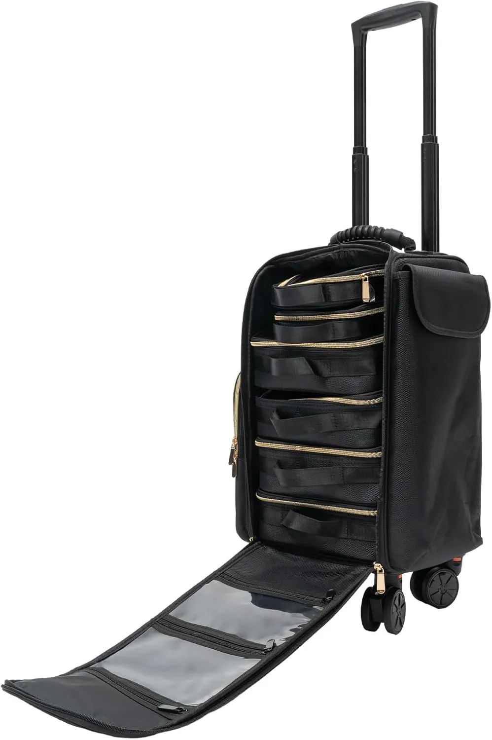 Rolling Makeup Train Case, Cosmetic Storage Organizer with 3-Speed Telescoping Trolley Handle 66 Lbs Weight Capacity Removable Wheels 6 Removable Makeup Bag for Makeup Artists, Hair Stylists