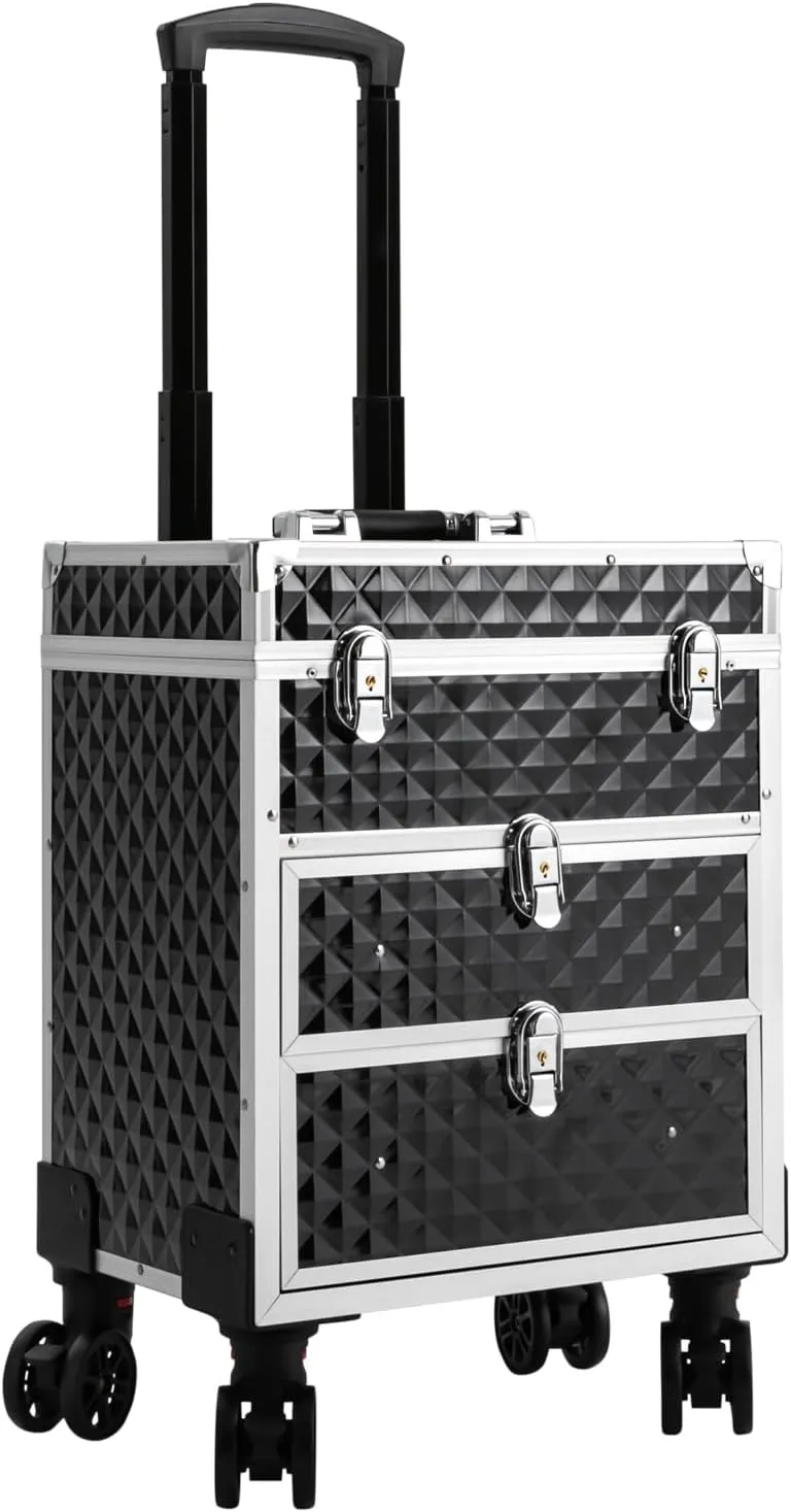 Rolling Makeup Train Case, Professional Multi-functional Makeup Artist Travel Cosmetic Organizer with Drawers & Wheels, Cosmetic Trolley Travelling Cart Trunk for Hairdressers, Beauticians