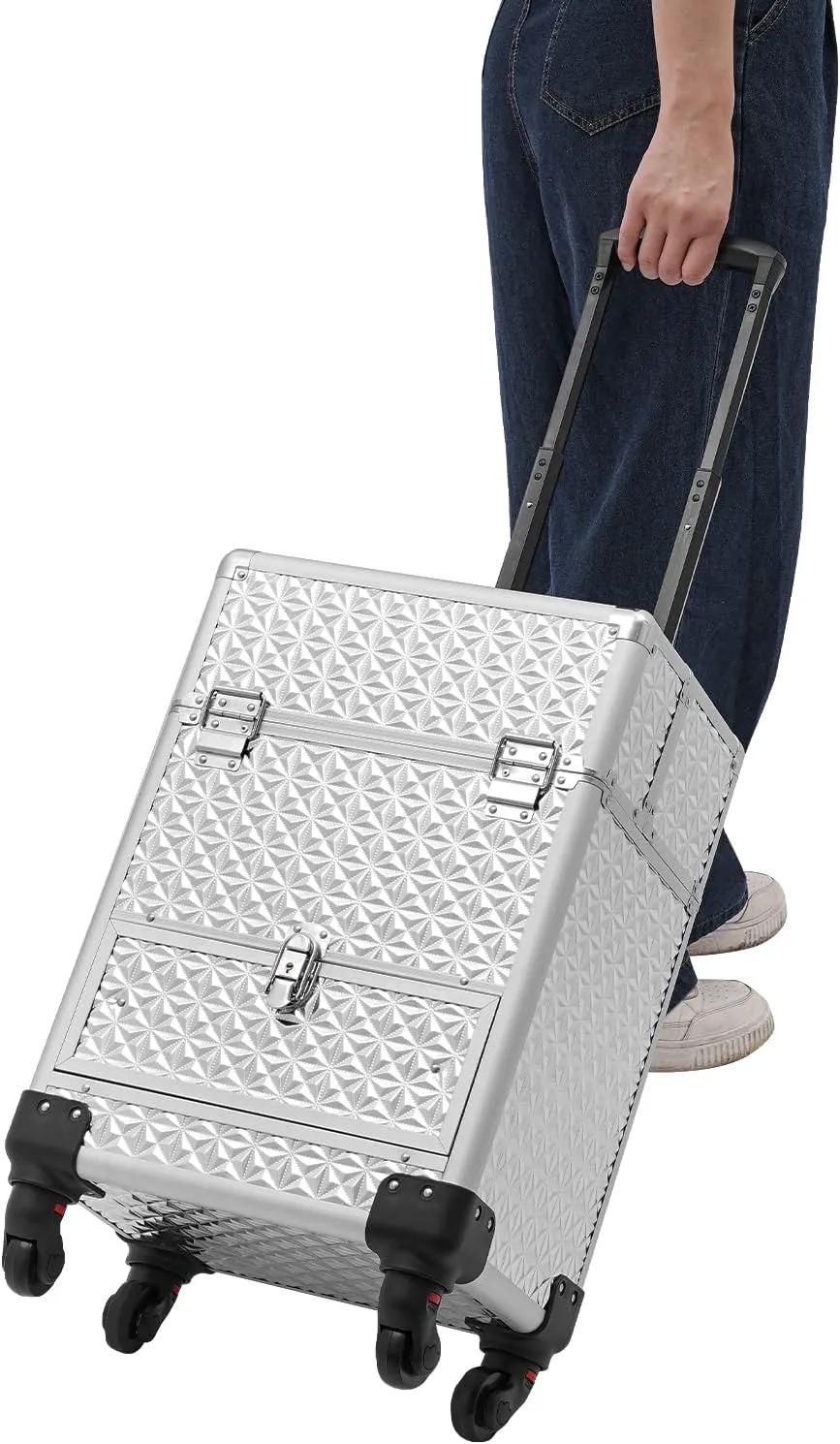 Rolling Makeup Train Case,Multi-functional Cosmetic Trolley with 360° Swivel Wheels Keys,Salon Barber Case Traveling Cart for Nail Technicians Hairstylist (Sliver)