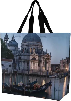 Roman Catholic Santa Maria Salute Venice Italy Reusable Tote Bag Large Capacity Grocery Shopping Bags with Handles