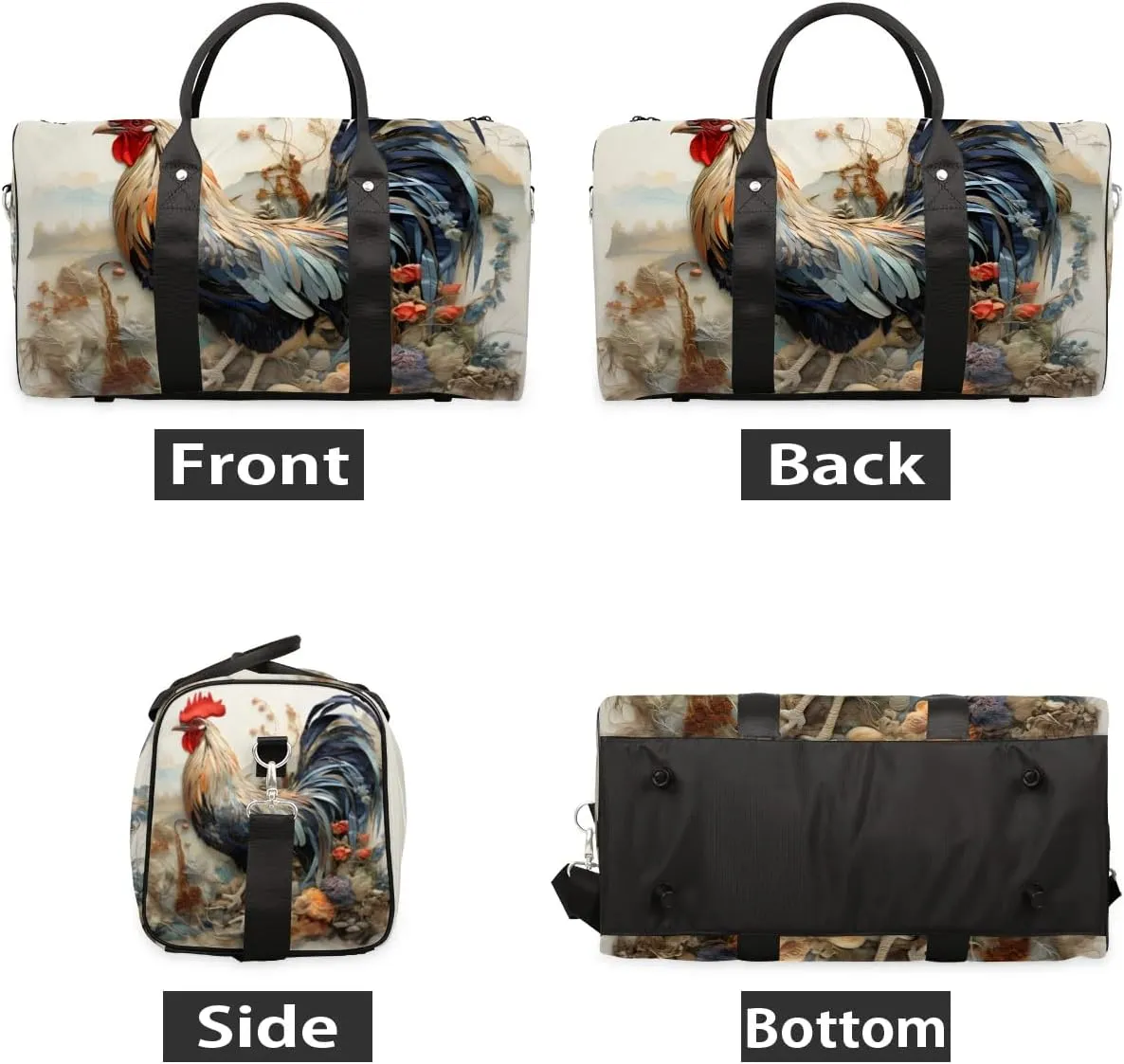 Rooster Chickens Print Travel Duffel Bag for Women Men Waterproof Foldable Overnight Weekender Bag Large Capacity Sports Gym Bag