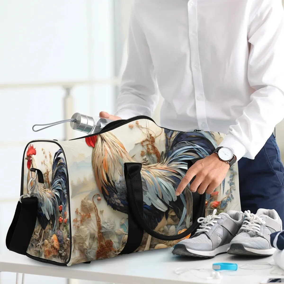 Rooster Chickens Print Travel Duffel Bag for Women Men Waterproof Foldable Overnight Weekender Bag Large Capacity Sports Gym Bag