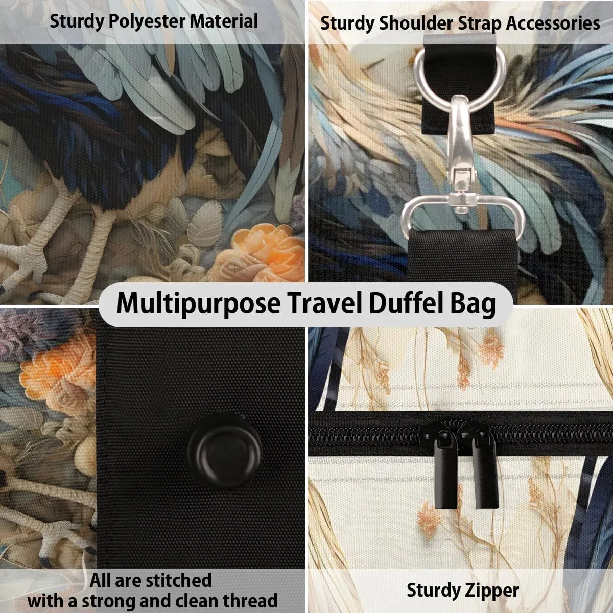Rooster Chickens Print Travel Duffel Bag for Women Men Waterproof Foldable Overnight Weekender Bag Large Capacity Sports Gym Bag