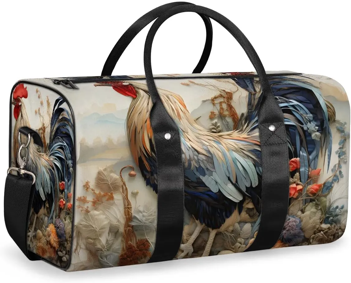 Rooster Chickens Print Travel Duffel Bag for Women Men Waterproof Foldable Overnight Weekender Bag Large Capacity Sports Gym Bag